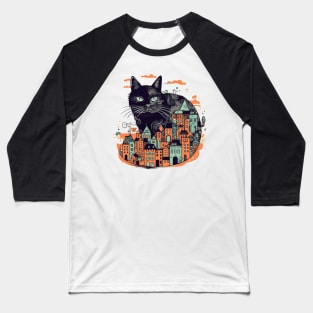 Black cat sitting in front of a colourful city Baseball T-Shirt